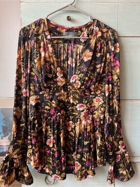 Anthropologie Black Floral Blouse with Pink & Gold Accents